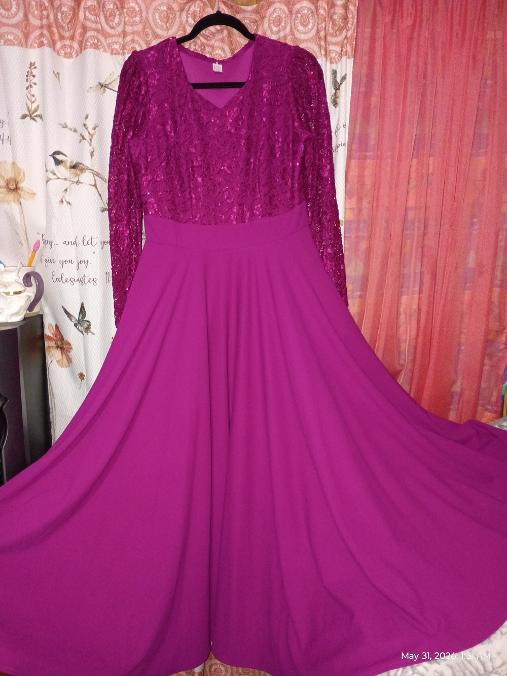 Women’s Fuchsia Long Sleeve Sequin & Chiffon Evening Dress